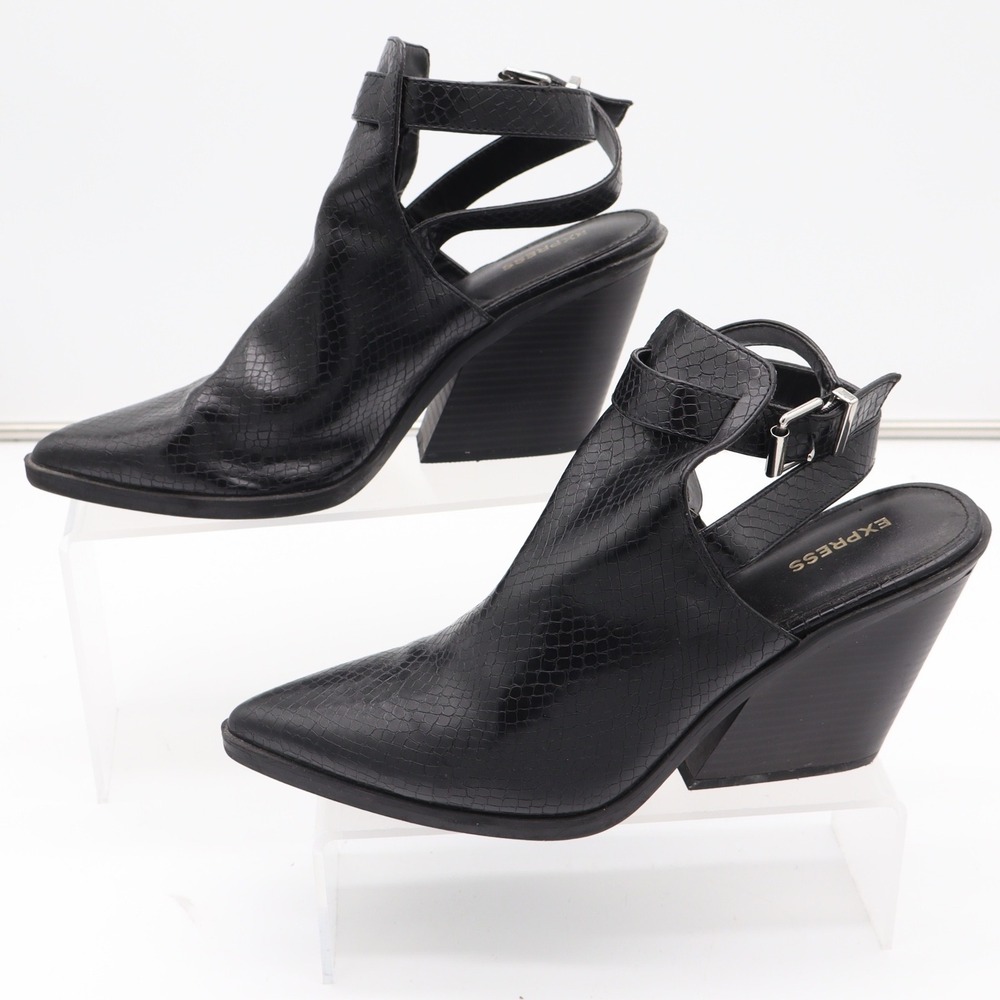 Express Black Snakeskin Embossed Cutout Block Heel Booties Pointed Toe Size 9